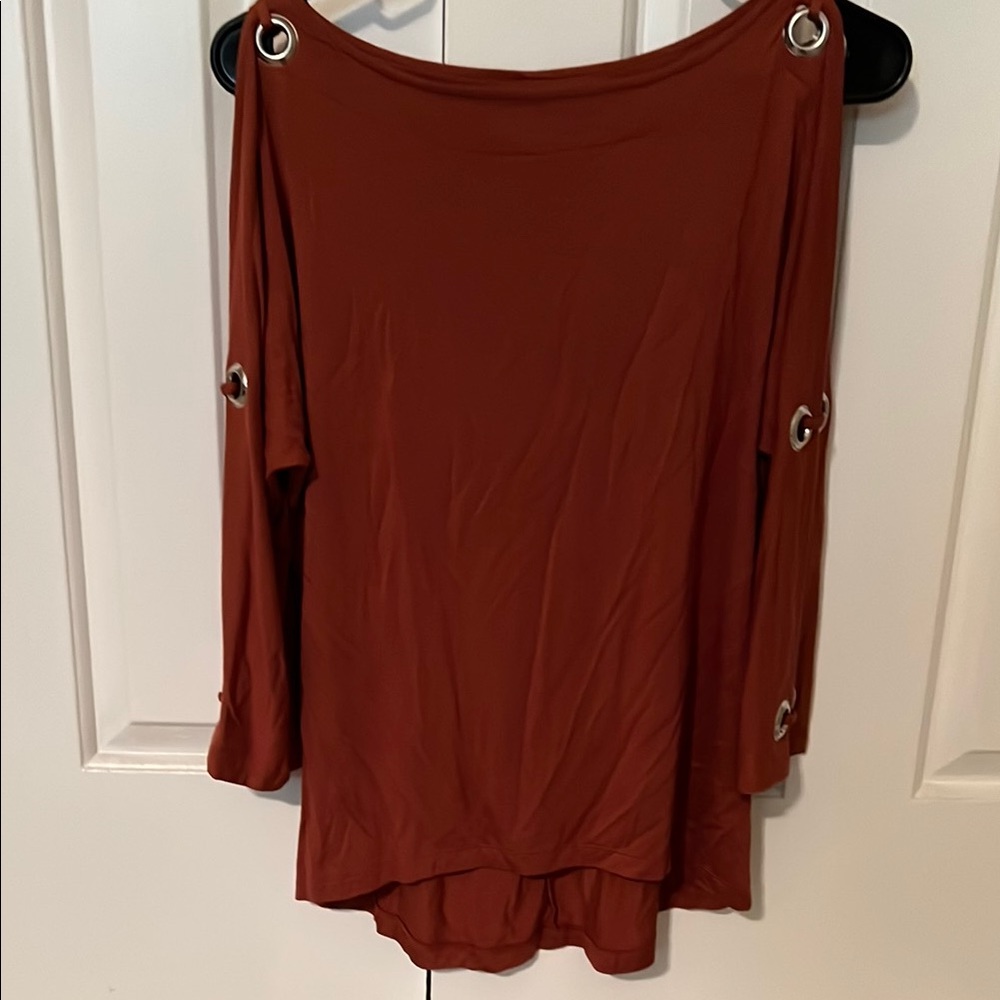 Neiman Marcus Brown Asymmetrical 3/4 Sleeve Blouse